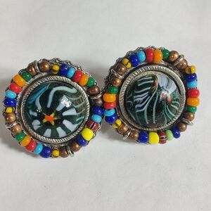 Robert Rose Beaded Clip Earrings Art Glass Cabochon Statement Vintage